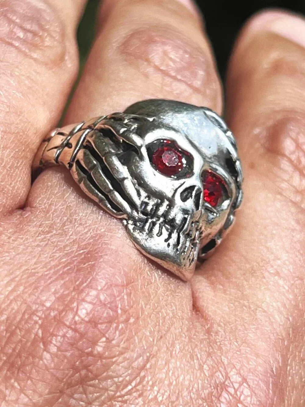 925 Silver Men's Gothic Skull Ring w/ Red Crystal Eyes & Skeleton Hands - Sz. 12